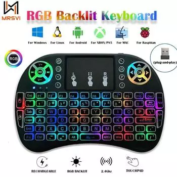 I8 RGB подсветка 2.4G мини беспроводная клавиатура 7 цветов многоязычная воздушная мышь клавиатура сенсорная панель мышь для Android TV Box Lithium Battery