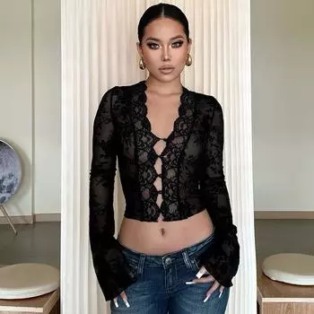 и Американское Кружево, Леопардовый Принт, Темпераментный V-образный вырез, Кардиган с длинным рукавом, Топ, Весна и Лето, Новая Мода Гяру, Облегающая сетчатая футболка Black XS