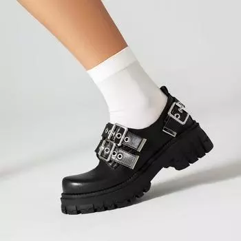 И большие маленькие кожаные туфли с металлической пряжкой в британском стиле на толстой подошве JK Shoes Женская обувь в стиле панк 38 чёрный
