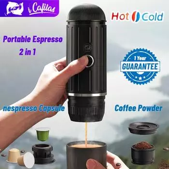 i Cafilas ME2218 Портативная кофемашина для эспрессо 2 в 1 19 бар с функцией нагрева Подходит для капсульного порошка Nespresso для автомобиля, путешествий, дома, офиса EU Voltage белый