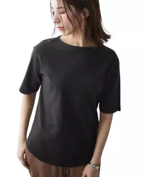 и хлопковый фрезерный материал лодочка рукав L [Nissen] Женские футболки трикотаж Устойчивый к УФ-лучам 100% 5/8 Футболка, черный, чёрный