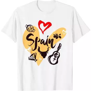 I Love Spain, Cool Spain Doodles Illustration Graphic Design T-Shirt Unisex Summer Streetwear Tops Printed Graphic TShirt S бежевый