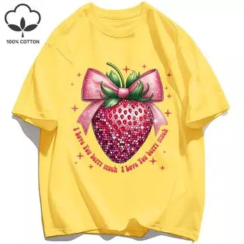 I Love You Very Much Strawberry Print Women T Shirts O-Neck T-Shirt Casual Comfortable Clothes Soft Cotton Woman Tops S