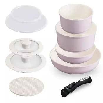 и набор из сковороды и кастрюли Iris Ohyama со съемной совместимой с газом IH 26 см компактной керамикой розового цвета [Экономия времени и энергии] 9 предметов