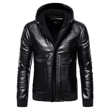 И новое большое мужское кожаное модное цельное утолщенное пальто с мехом и капюшоном + B065 4XL чёрный