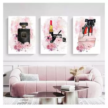 И принты, флакон духов, холст, картина, розовый цветок, пион, настенный постер, украшение для комнаты, губная помада, постеры на высоком каблуке 21cm30cm NoFrame