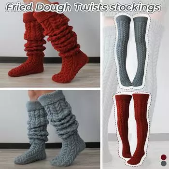 И зимние витые длинные носки выше колена с ворсом для женщин, однотонные вязаные шерстяные носки One Size