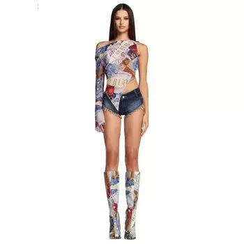 Iamgia European and American Hot Girl Millennium Style Printing Pattern Irregular off-Shoulder One-Shoulder Cut Tulle Sleeve Top Length Picture color XS