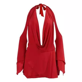 Iamgia European and American Sexy Sexy Street Deep V Low Collar off-Shoulder Backless Long Sleeves Drape Halterneck Tied Dress Burgundy XS