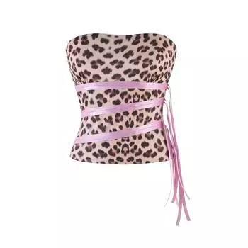 Iamgia Fashion Sexy Leopard Print Sexy Sleeveless Pink Ribbon Cross Tube Top Tight Crop Top Summer Tops Image color XS