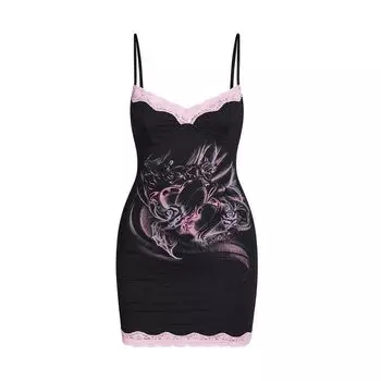 Iamgia Fashion Sexy Print Lace Sling Dress Y2g Silm Slim Looking Hip Slimming Cinched Short Dress Black S