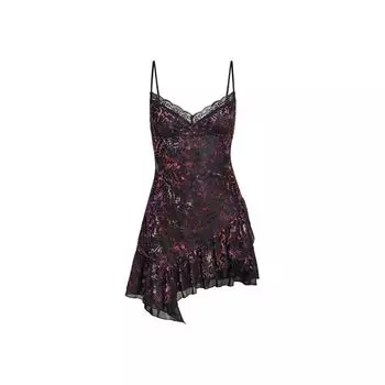 Iamgia Fashion Sexy Style Sexy Lace Velvet Print Asymmetrical Skirt Silm Sling Dress Black S
