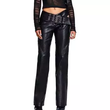 Iamgia Fashion Silm Metal Low Waist Straight-Leg Pants Black M