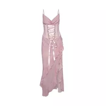 Iamgia Fashion Street Sexy Sling Pockets Collar Ruffles Split Ins Fashion Elegant Silm Pink M