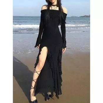 IAMSURE элегантное модное темное длинное платье с оборками и разрезом, готическое платье макси с вырезом и длинными рукавами для женщин, 2023, праздничный пляж S чёрный