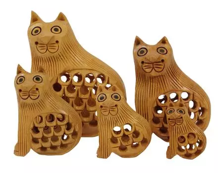 IBA Indianbeautifulart Деревянные фигурки кошек с вырезом, красивые фигурки животных ручной работы, украшения, набор из 5 предметов для дома и стола 8 cm x 5.5 cm to 3.2 cm x 1.9 cm коричневый