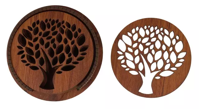 IBA Indianbeautifulart Деревянный набор из 6 подставок для лазерной резки для напитков с держателем, поглощающим деревянный бар и домашние подставки 10cm коричневый