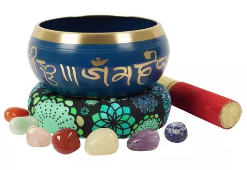 IBA Indianbeautifulart Тибетская поющая чаша Музыкальный инструмент для медитации W Stick & Cushion 5 x 2.8 Inches синий