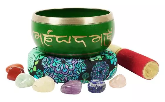 IBA Indianbeautifulart Тибетская поющая чаша Музыкальный инструмент для медитации W Stick & Cushion 4.6 x 2.6 Inches зелёный