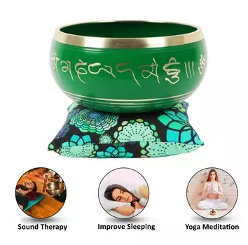 IBA Indianbeautifulart Тибетская поющая чаша Музыкальный инструмент для медитации W Stick & Cushion 6.1 x 3 Inches зелёный