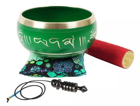 IBA Indianbeautifulart Тибетская поющая чаша Музыкальный инструмент для медитации W Stick & Cushion 5.4 x 2.7 Inches зелёный