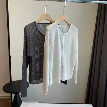 Ice Brown! Tencel Linen Single Wear Outer Wear Exquisite Fabric Casual Lazy Thin Slightly Transparent Cardigan Women Light Blue M
