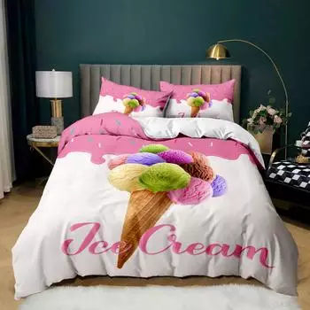 Ice Cream Duvet Cover Set Colorful Ice Cream Sweet Style Bedding Set for Boys Girl Microfiber Summer Queen King Size Quilt Cover EU single(135x200cm)