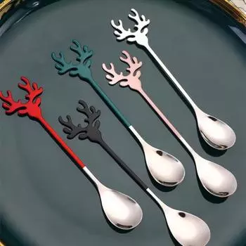 Ложка для мороженого из пищевой нержавеющей стали марки 304, рождественская десертная кофейная ложка в виде лося, кухонные принадлежности серебряный