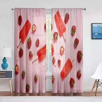 Ice Cream Strawberries Pink Chiffon Tulle Curtains Berry Popsicles Window Sheer Voile Curtain for Living Room Bedroom Kitchen 1 PCS W100XH250cm&Rod Pocket