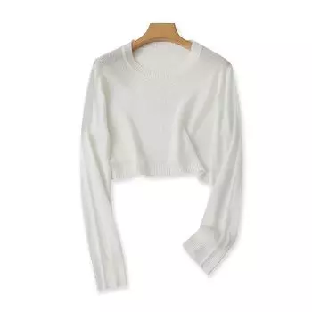 Ice Linen Spring and Autumn Crop Top round Neck Top Long Sleeve Sweater White One size