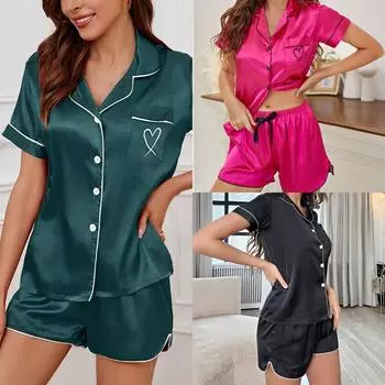 Ice Silk 2 шт./комплект пижамы женские летние с короткими рукавами однотонный кардиган большой размер чистый шелк любовь вышивка зеленый черный домашняя одежда S красный