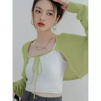 Ice Silk Black Shawl Suspender Skirt Cardigan Tulle Green L