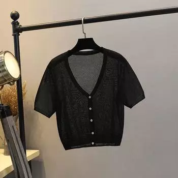 Ice Silk Cardigan Thin Suspender Skirt Waistcoat Knitted Short Sleeve Black -121 2XL