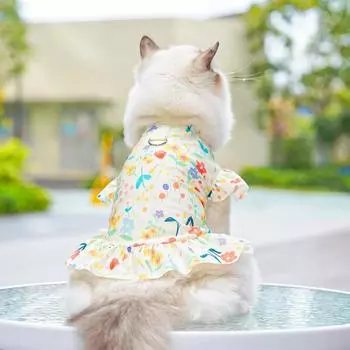 Ice Silk Cat Pet Cat ClothesBig Dog Dresses Spring and Summer Dog SuppliesFloral FreshShort-legged Cat XS