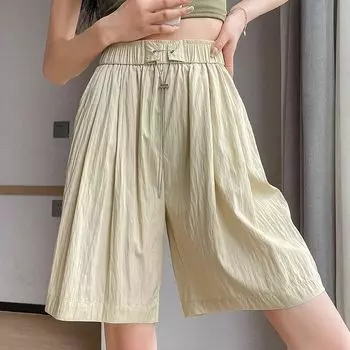 Ice Silk Cotton and Linen Five-point Pants for Women In Summer Thin High-waist Drawstring Versatile Casual Sports Wide-leg Shorts for Women S