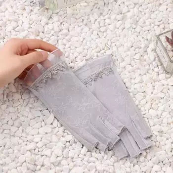 Ice Silk Half Finger Sun Protection Gloves Women Summer Thin Elastic Outdoor Driving Riding Non-Slip Breathable Office Writing Hand Guard A- 8109 Ice Silk half finger-Gray One size
