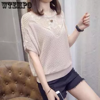 Ice Silk Hollow с короткими рукавами весна-лето новый женский трикотажный свитер базовая рубашка тонкая футболка с короткими рукавами S