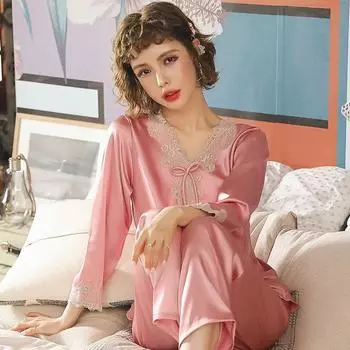 Ice Silk Kawaii Одежда Женская Пижама Большие Размеры Длинные Рукава Штаны Пижамные Комплекты Кружевные Домашние Комплекты Корейская Весна Осень Пижамы M