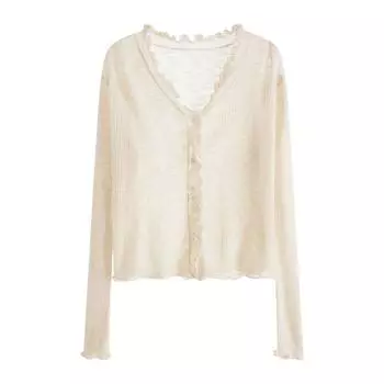Ice Silk Knitted Cardigan Women s Summer Thin Short Outdoor Wooden Ear Sun Protection Shirt for Air Conditioned Rooms Sling Dress Inverness Apricot color S