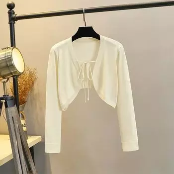 Ice Silk Knitted Shoelace Thin Cape Small Coat Cardigan Apricot(YG-8503) S