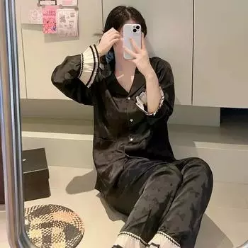 Пижама Ice Silk с длинными рукавами, женская, нежная для кожи, повседневная, жаккардовая, шелковая, домашняя одежда, весна и осень M бежевый