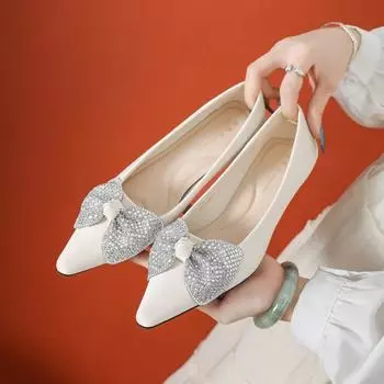 Ice silk low-heeled wedge shoes fashion women s new models, pointed women s fashion bow white single shoes 35