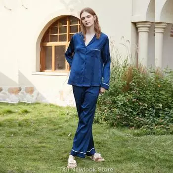 Пижама из ледяного шелка с отворотом, весенне-летний домашний костюм с длинным рукавом S