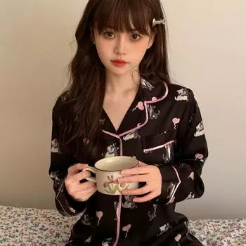 Пижама из ледяного шелка женская весна и осень тонкая верхняя одежда большого размера летний комплект домашней одежды M чёрный