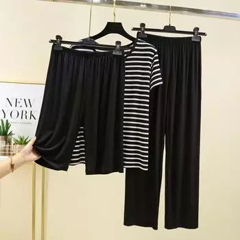 Ice Silk Pajamas Women s Summer Modal Sports Wide Legs Shorts Casual Short Sleeve T-Shirt Thin Homewear Three-Piece Set Black 2XL (70.00 kg-85.00 kg recommended