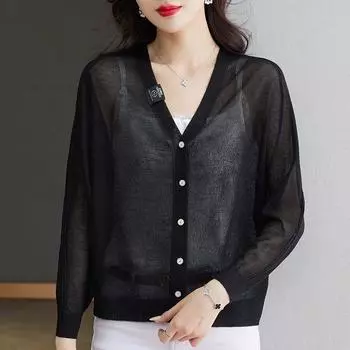 Ice Silk Shawl Outerwear Small Outer Wear Summer 2025 New Top V-neck Knit cardigan Thin Women Sun Protection Cover up Black M