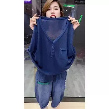 Ice Silk Short Sleeve T-shirt Elegant Slimming V-Neckline Air Conditioning Linen Blue All yards