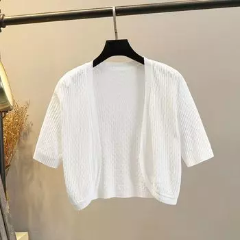 Ice Silk Short Sleeve Ultra-Thin Cardigan Sun Protection Clothing Shawl Cut Out White M