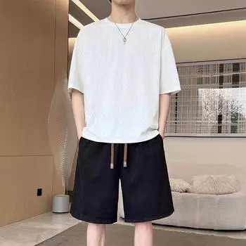 Ice Silk Sports Set Мужской летний повседневный комплект с короткими рукавами и шортами, свободный спортивный комплект из двух предметов, универсальный и удобный XXXXL белый