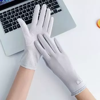 Ice Silk Sun Protection Gloves Women Thin UV Protection Breathable Touch Screen Quick-Drying Riding Electric Car Sun Protection Summer Hand Sleeve Ice Silk Bows-Grey One size